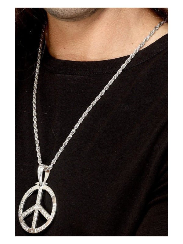 60s Peace Sign Hippie Medallion, Silver - Adult Weekender