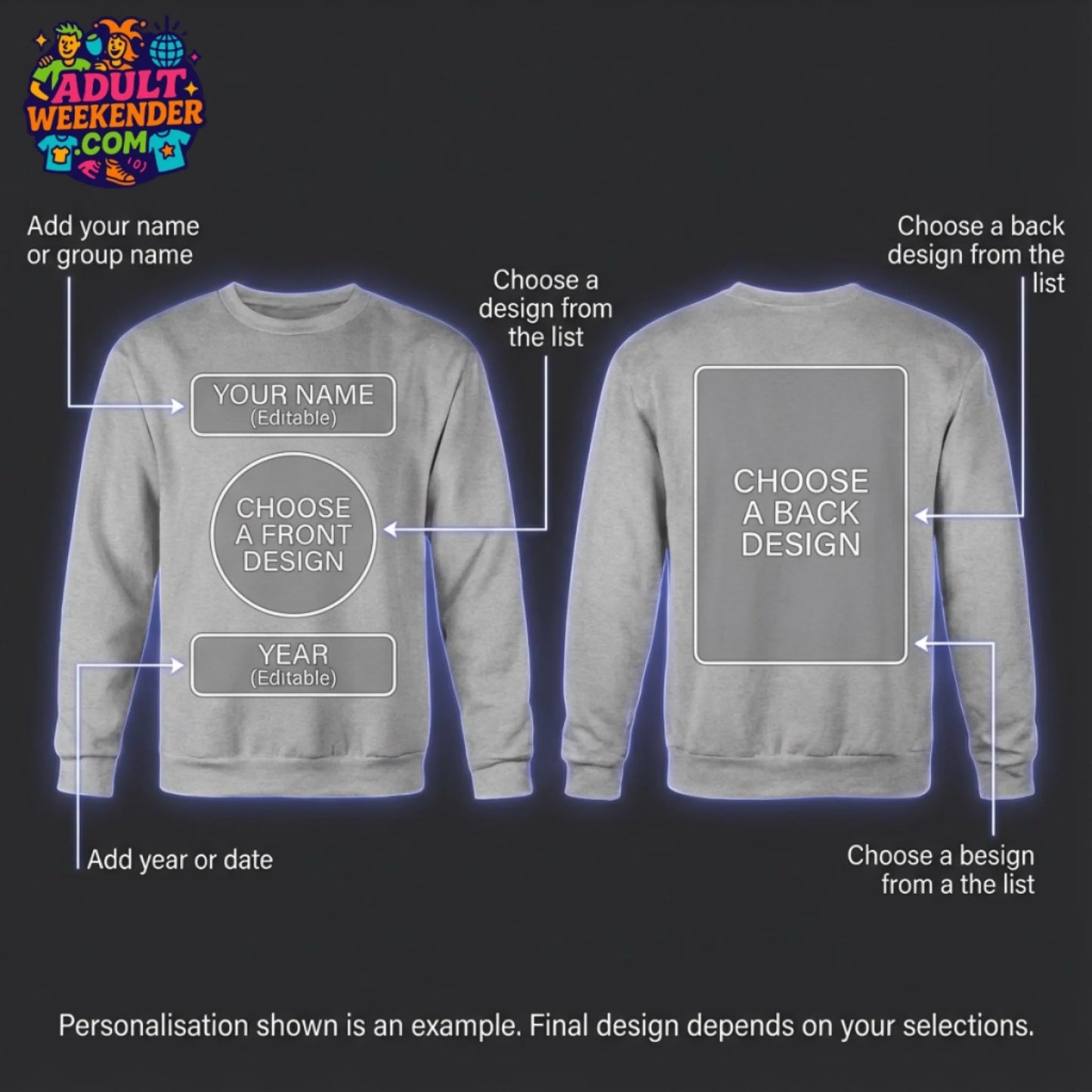 adult weekender sweatshirt personalisation guide