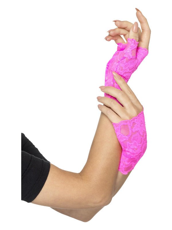 80s Fingerless Lace Gloves, Neon Pink - Adult Weekender