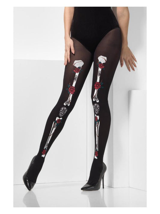 Opaque Day of the Dead Tights, Black - Adult Weekender