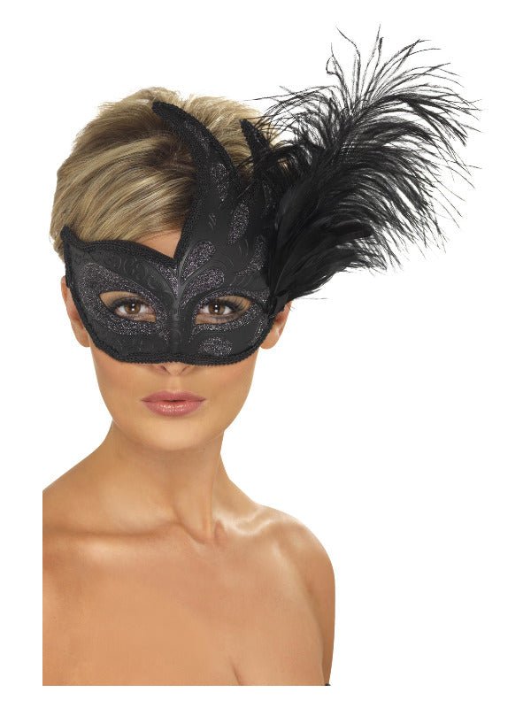 Ornate Colombina Feather Mask, Black - Adult Weekender