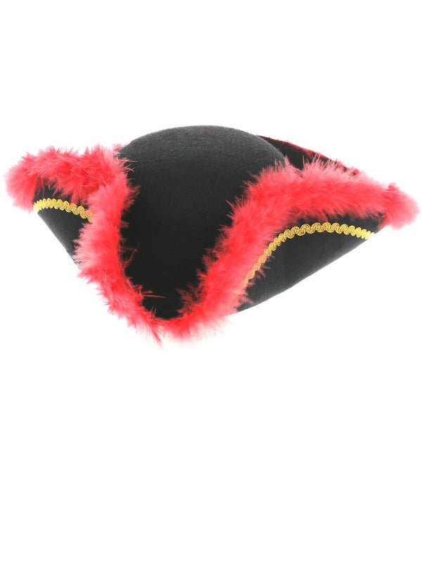 Pirate Tricorn Hat, Red Feather, Black - Adult Weekender