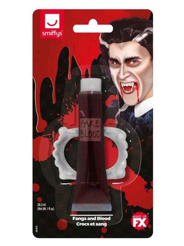 Smiffys Make - Up FX, Fangs & Blood, Red - Adult Weekender