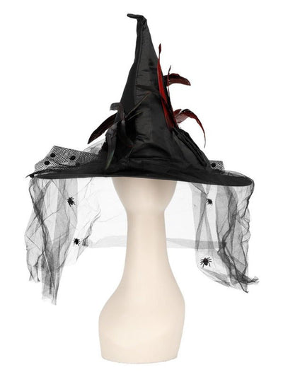 Witch Hat, Feathers & Netting, Black - Adult Weekender
