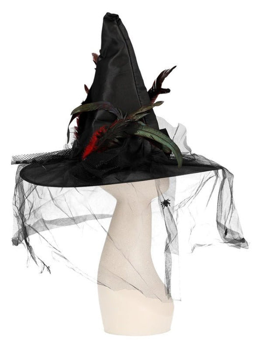 Witch Hat, Feathers & Netting, Black - Adult Weekender