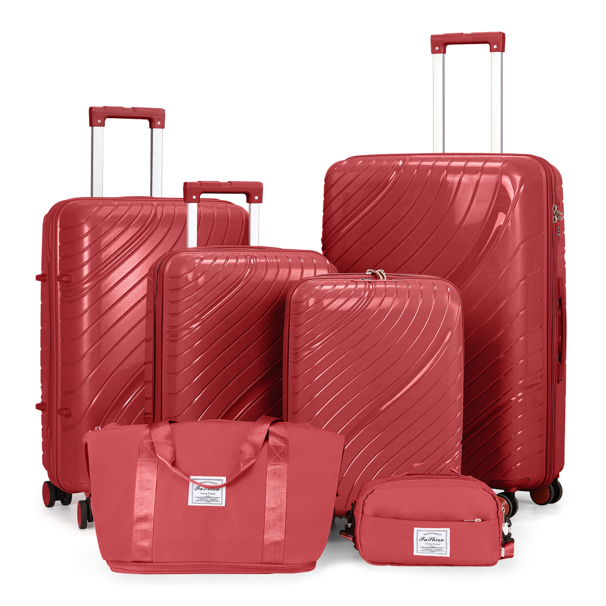 4-Piece Luggage Set with 2 Handbags & 8-Piece Toiletry Kit – Durable PP Suitcase (18in/20in/24in/28in) + 30L Travel Tote + 3L Crossbody Wash Bag – Iron Telescopic Handle – Red