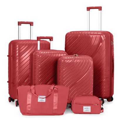 4-Piece Luggage Set with 2 Handbags & 8-Piece Toiletry Kit – Durable PP Suitcase (18in/20in/24in/28in) + 30L Travel Tote + 3L Crossbody Wash Bag – Iron Telescopic Handle – Red