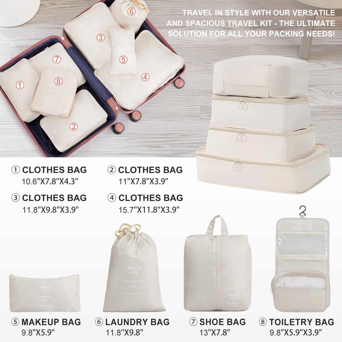 4-Piece Luggage Set with 2-Piece Handbag & 8-Piece Toiletry Kit – Rose Gold PP Suitcase + Beige Travel Accessories