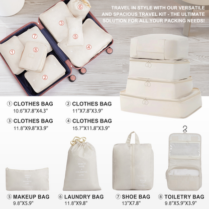 4-Piece Luggage Set with 2-Piece Handbag & 8-Piece Toiletry Kit – Rose Gold PP Suitcase + Beige Travel Accessories