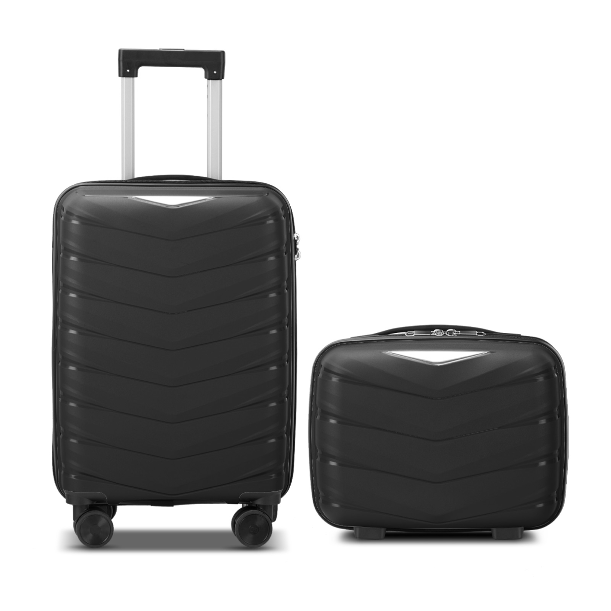V-striped 2-piece suitcase with PP handbag PP trolley case 14in 20in PP iron trolley classic colour - black (grained pattern)