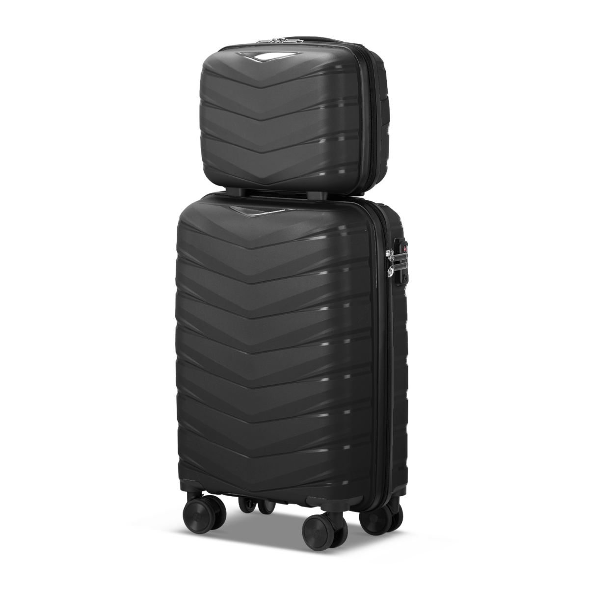 V-striped 2-piece suitcase with PP handbag PP trolley case 14in 20in PP iron trolley classic colour - black (grained pattern)