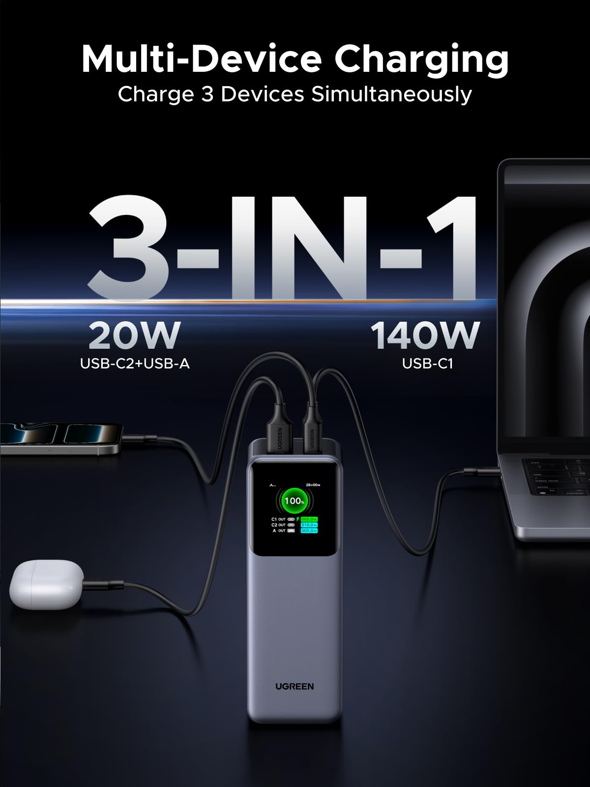 UGREEN Nexode Power Bank 25000mAh 200W PD 3.1 Laptop Portable Charger Fast Charging Smart Digital Display Battery Pack Compatible with Dell, HP, ASUS, iPad, iPhone Air/17/16, Galaxy S25, AirPods