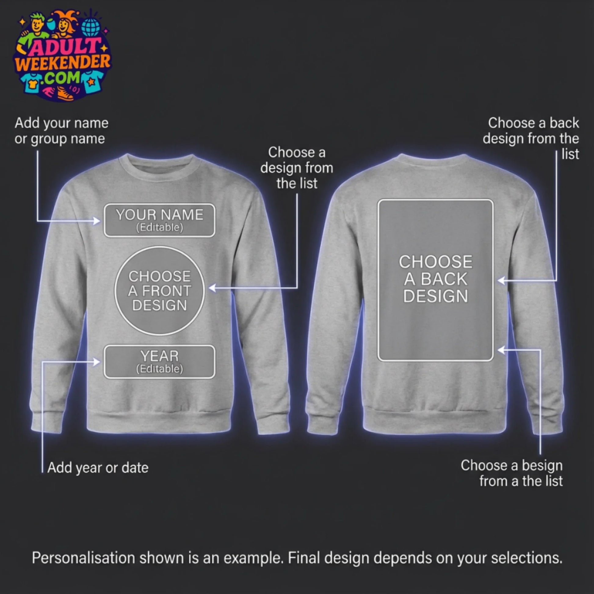 adult weekender sweatshirt personalisation guide