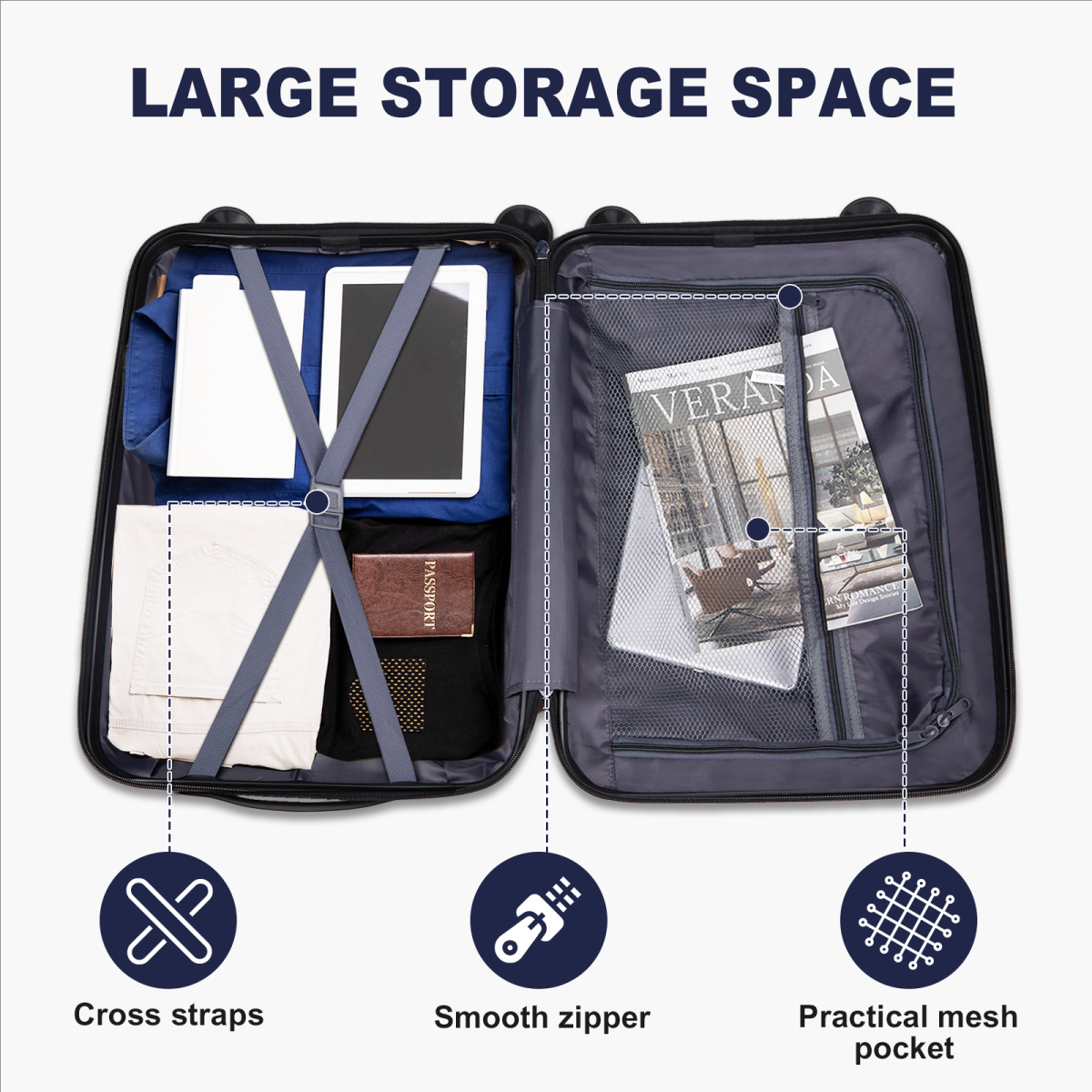 V-striped 2-piece suitcase with PP handbag PP trolley case 14in 20in PP iron trolley classic colour - black (grained pattern)