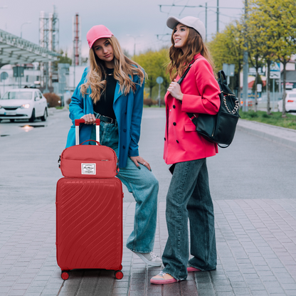 4-Piece Luggage Set with 2 Handbags & 8-Piece Toiletry Kit – Durable PP Suitcase (18in/20in/24in/28in) + 30L Travel Tote + 3L Crossbody Wash Bag – Iron Telescopic Handle – Red