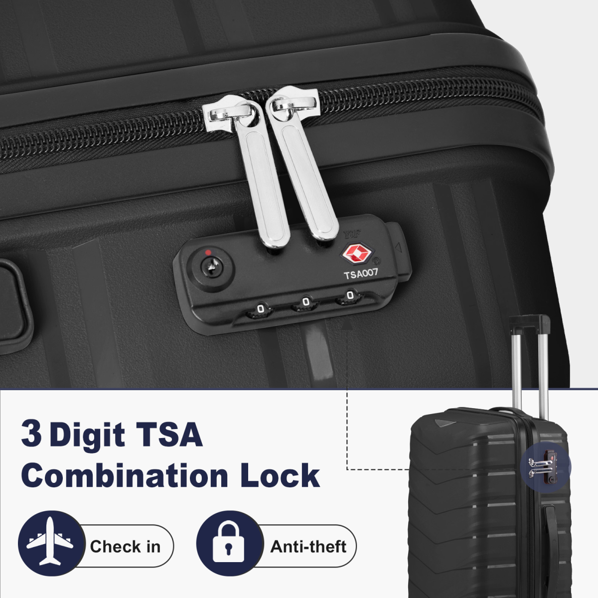 V-striped 2-piece suitcase with PP handbag PP trolley case 14in 20in PP iron trolley classic colour - black (grained pattern)