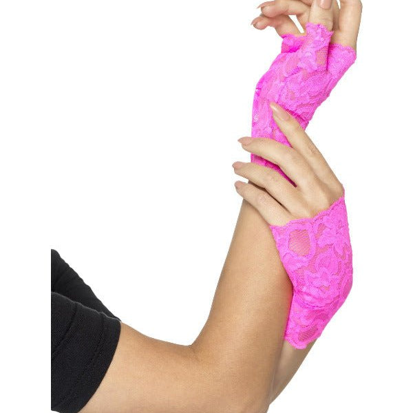 80s Fingerless Lace Gloves, Neon Pink - Adult Weekender
