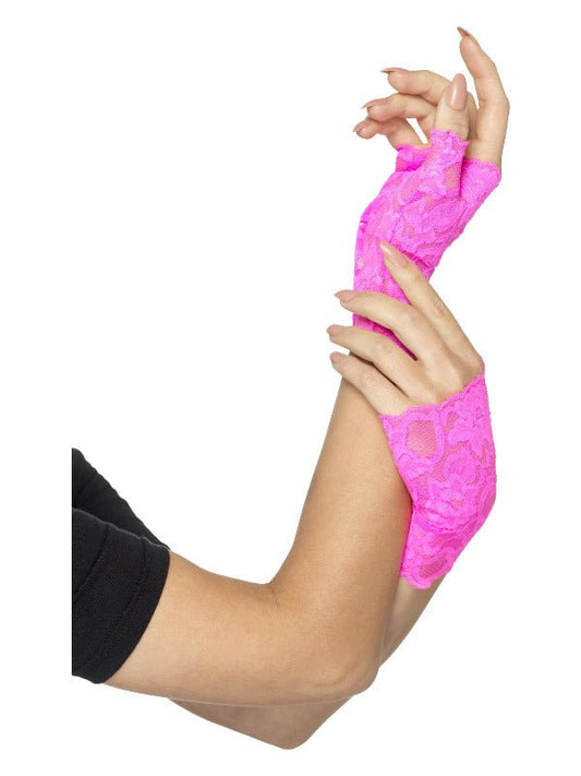 80s Fingerless Lace Gloves, Neon Pink - Adult Weekender