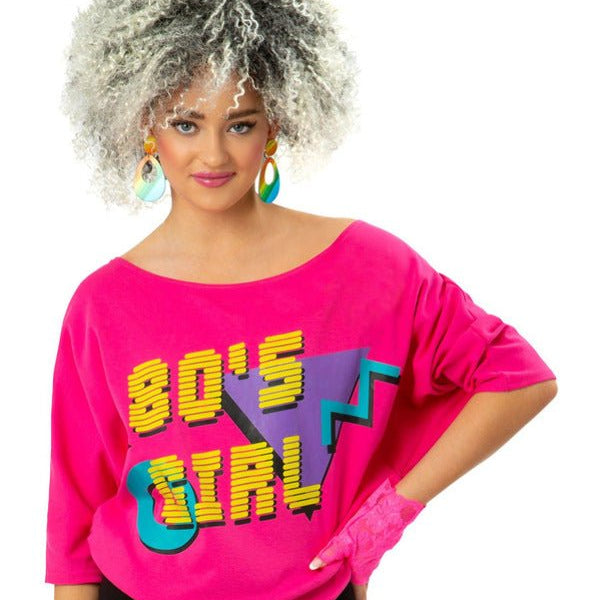 80s Girl Bat Wing T-Shirt, Neon Pink, Printed - Adult Weekender