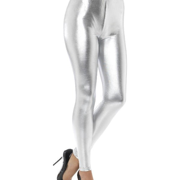 80s Metallic Disco Leggings, Silver - Adult Weekender