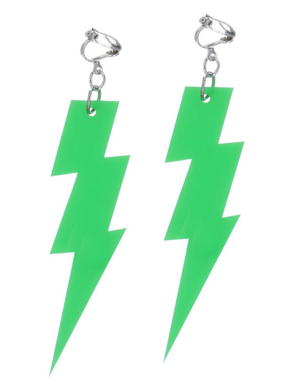 80s Neon Lightning Bolt Earrings, Green - Adult Weekender