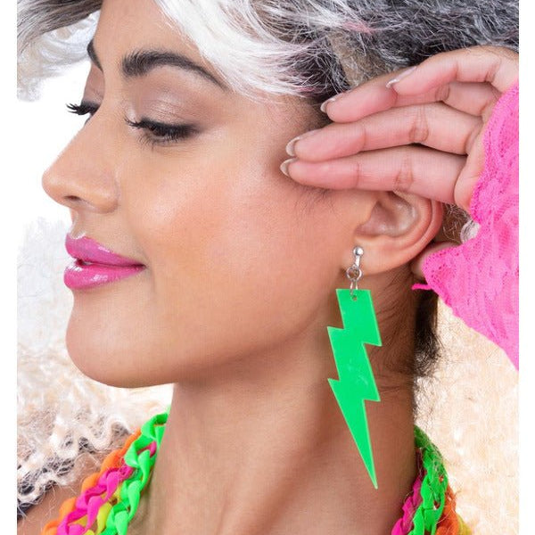 80s Neon Lightning Bolt Earrings, Green - Adult Weekender
