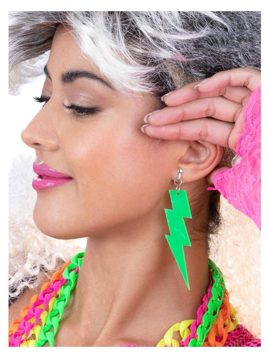 80s Neon Lightning Bolt Earrings, Green - Adult Weekender