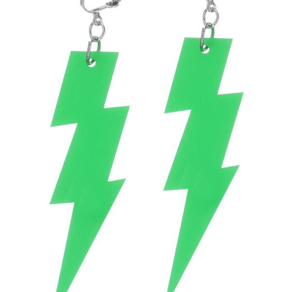 80s Neon Lightning Bolt Earrings, Green - Adult Weekender