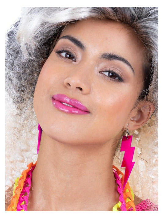 80s Neon Lightning Bolt Earrings, Pink - Adult Weekender