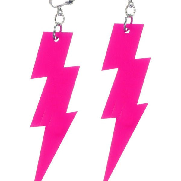 80s Neon Lightning Bolt Earrings, Pink - Adult Weekender
