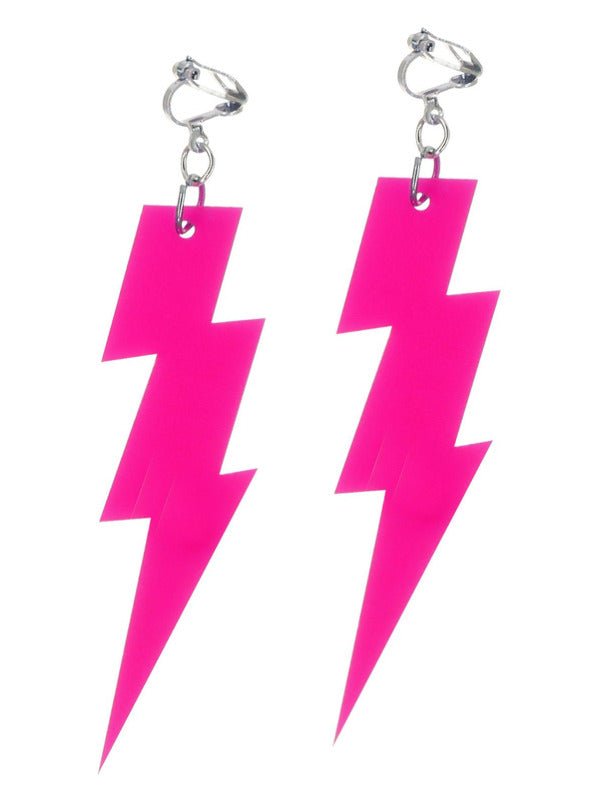 80s Neon Lightning Bolt Earrings, Pink - Adult Weekender