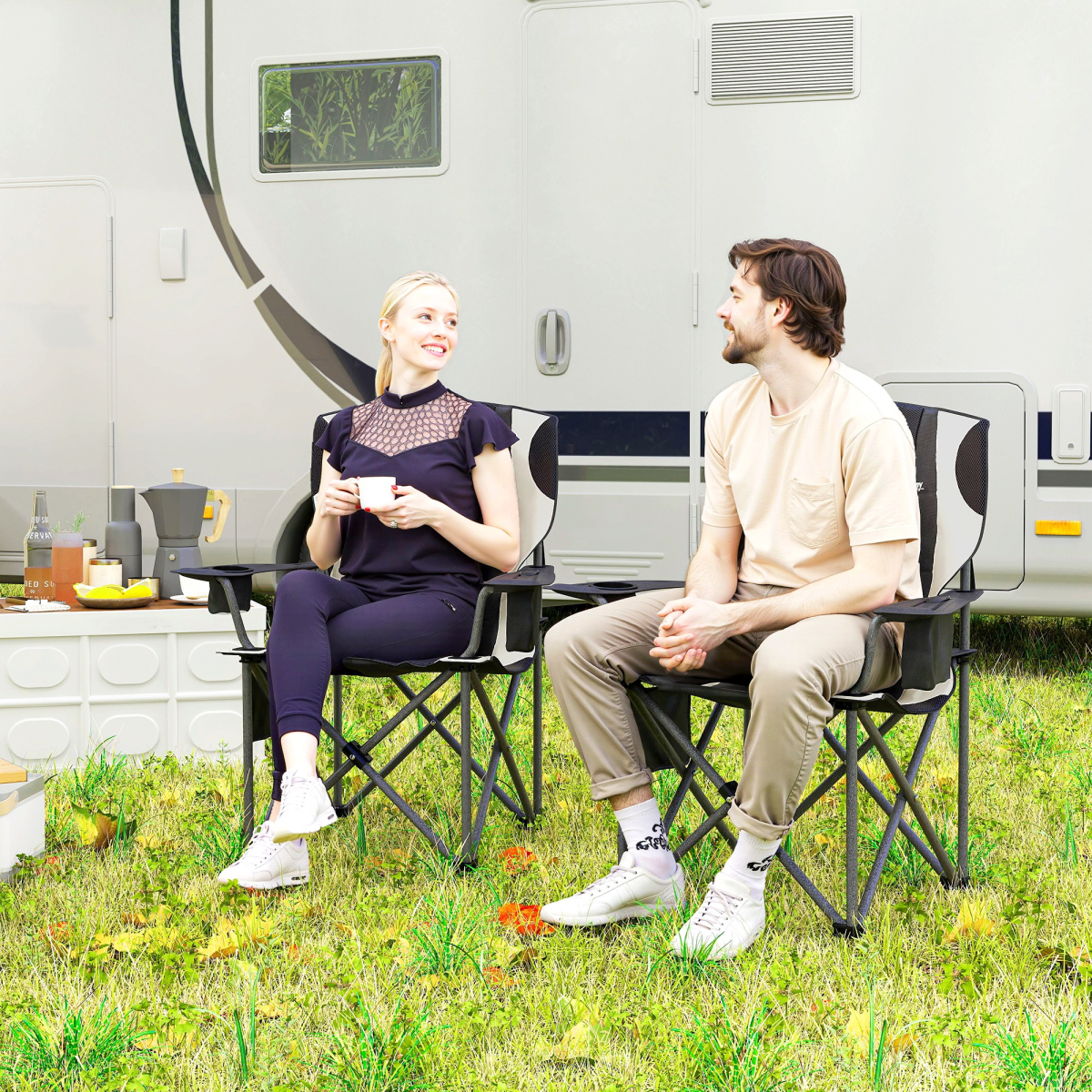 Outsunny Set of 2 Padded Folding Picnic Chairs with Cooler Bag