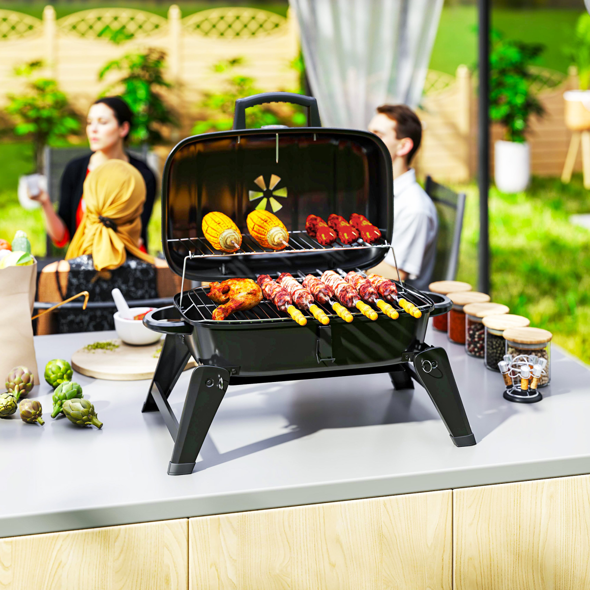 Outsunny Folding Charcoal Barbecue Grill, Portable BBQ for Camping