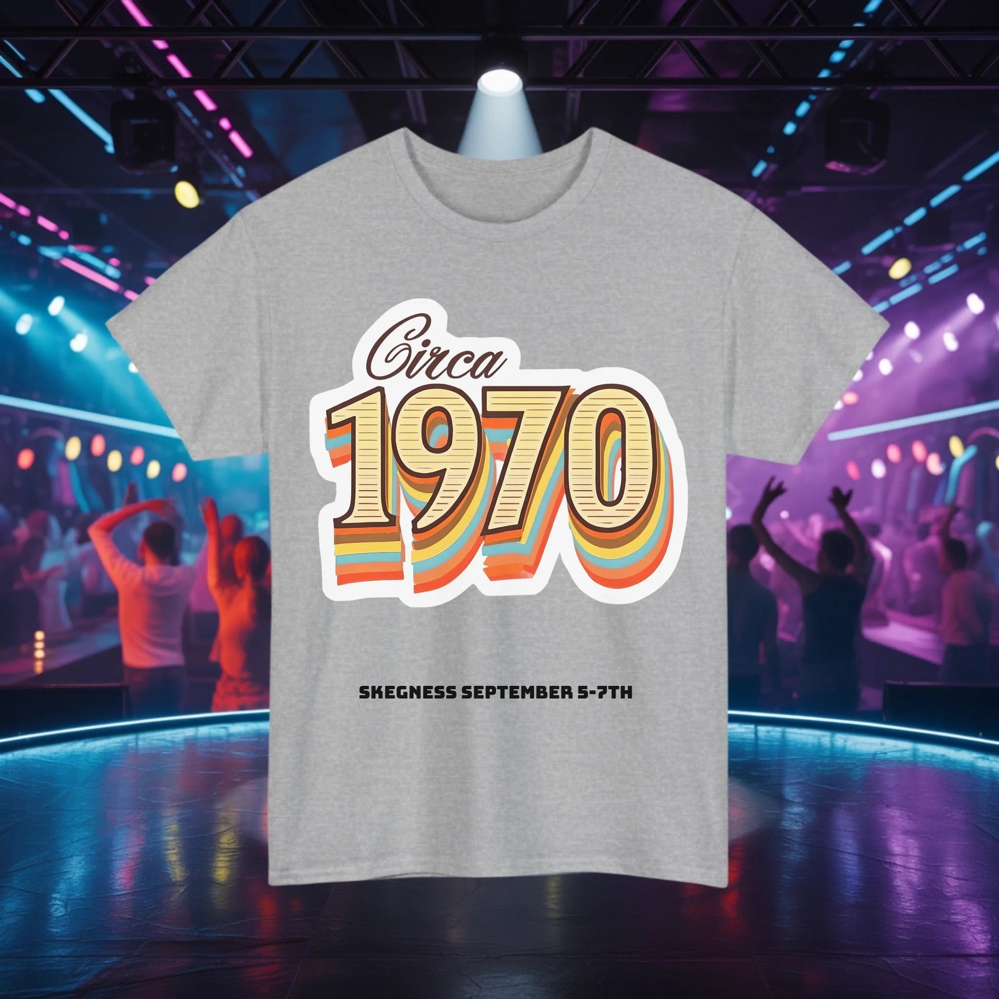 Circa 1970 - Adult Weekender Front and Back Personalised Unisex Heavy T-Shirt 70s - Adult Weekender