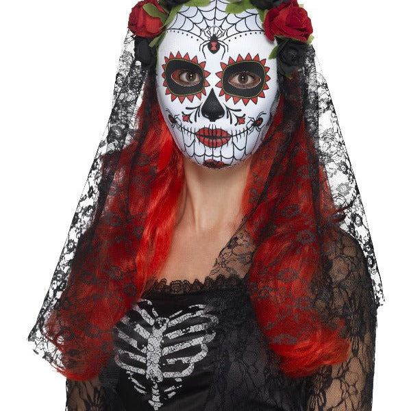 Day of the Dead Senorita Mask, Full Face, Red & Bl - Adult Weekender