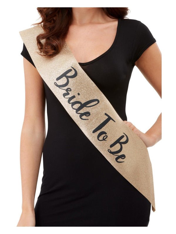 Deluxe Glitter Bride To Be Sash, Gold &amp; Black - Adult Weekender