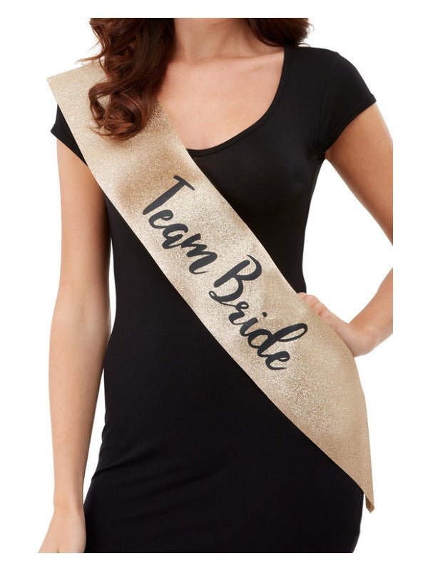 Deluxe Glitter Team Bride Sash, Gold &amp; Black - Adult Weekender
