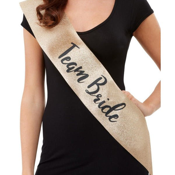 Deluxe Glitter Team Bride Sash, Gold & Black - Adult Weekender