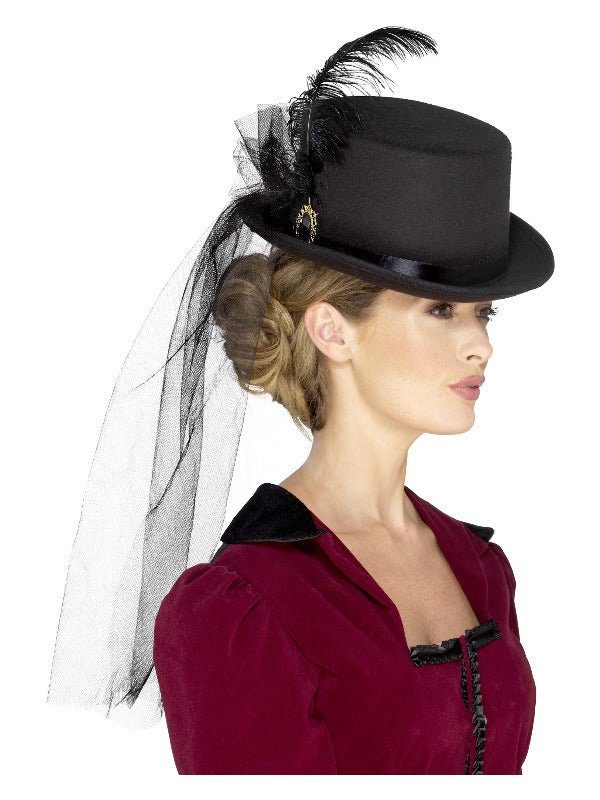 Deluxe Ladies Victorian Top Hat, with Elastic, Bla - Adult Weekender