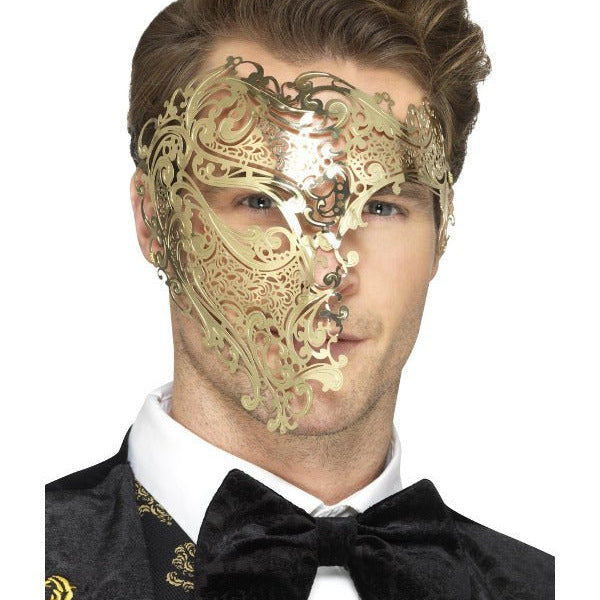 Deluxe Metal Filigree Phantom Mask, Gold - Adult Weekender
