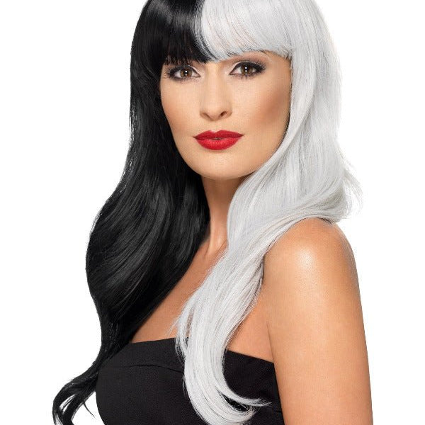 Deluxe Wig, Half & Half With Fringe, Black & Grey - Adult Weekender