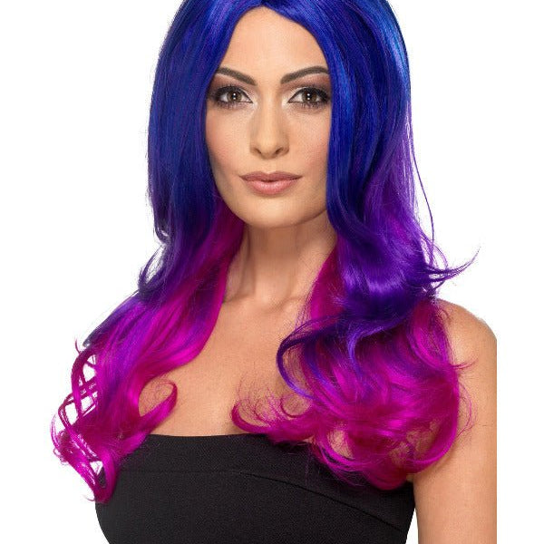 Fashion Ombre Wig, Wavy, Long, Blue & Pink - Adult Weekender