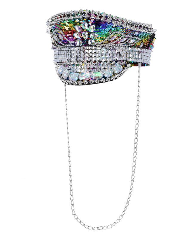 Fever Deluxe Sequin Studded Captains Hat, Rainbow - Adult Weekender
