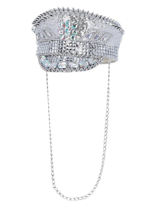 Fever Deluxe Sequin Studded Captains Hat, Silver - Adult Weekender