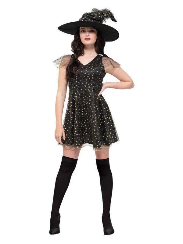 Fever Moon &amp; Stars Witch Costume, Black &amp; Gold - Adult Weekender