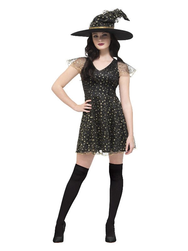 Fever Moon &amp; Stars Witch Costume, Black &amp; Gold - Adult Weekender