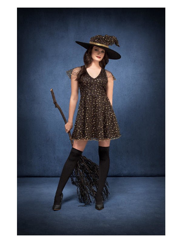 Fever Moon &amp; Stars Witch Costume, Black &amp; Gold - Adult Weekender