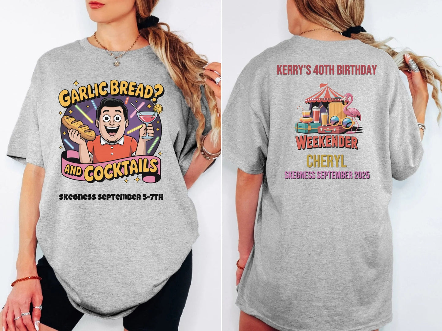 Garlic Bread and Cocktails - Adult Weekender Front and Back Personalised Unisex Heavy T-Shirt or Hoodie - 90s - Adult Weekender