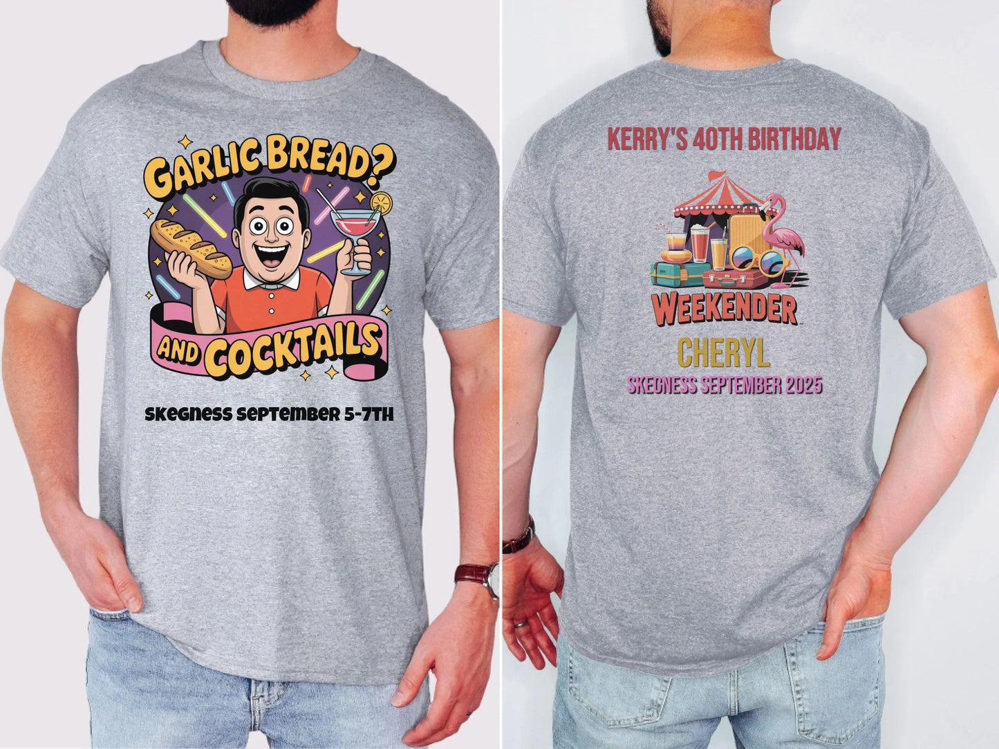 Garlic Bread and Cocktails - Adult Weekender Front and Back Personalised Unisex Heavy T-Shirt or Hoodie - 90s - Adult Weekender