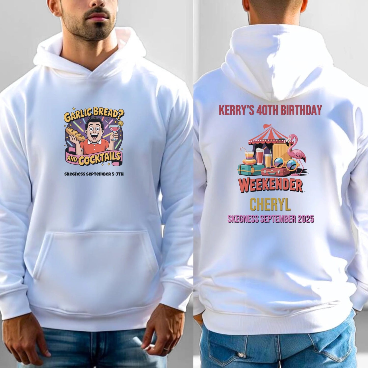 Garlic Bread and Cocktails - Adult Weekender Front and Back Personalised Unisex Heavy T-Shirt or Hoodie - 90s - Adult Weekender